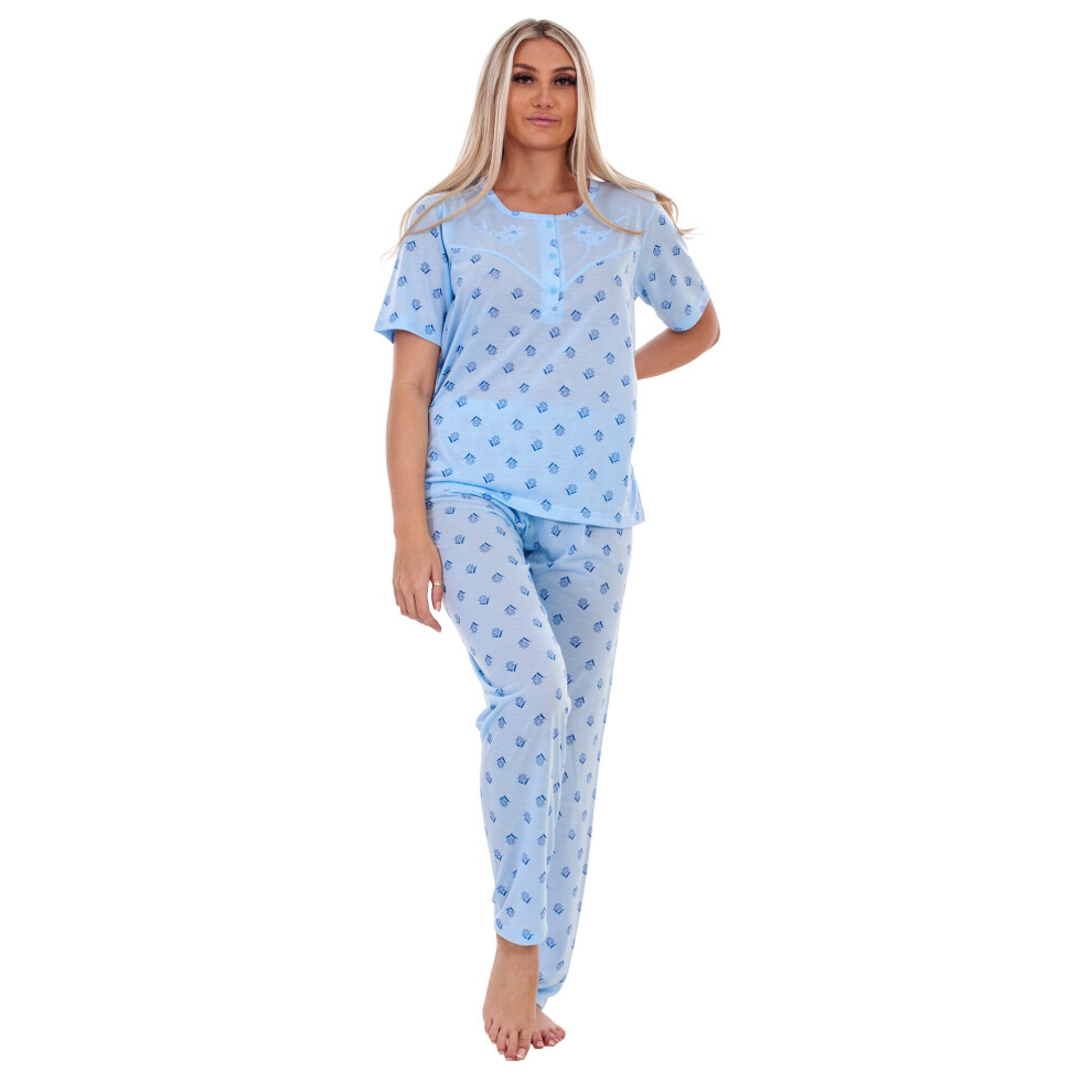 (Blue, XL) Ladies Pyjama Set Floral Printed Short Sleeve Buttons Plus Nightwear M to 6XL