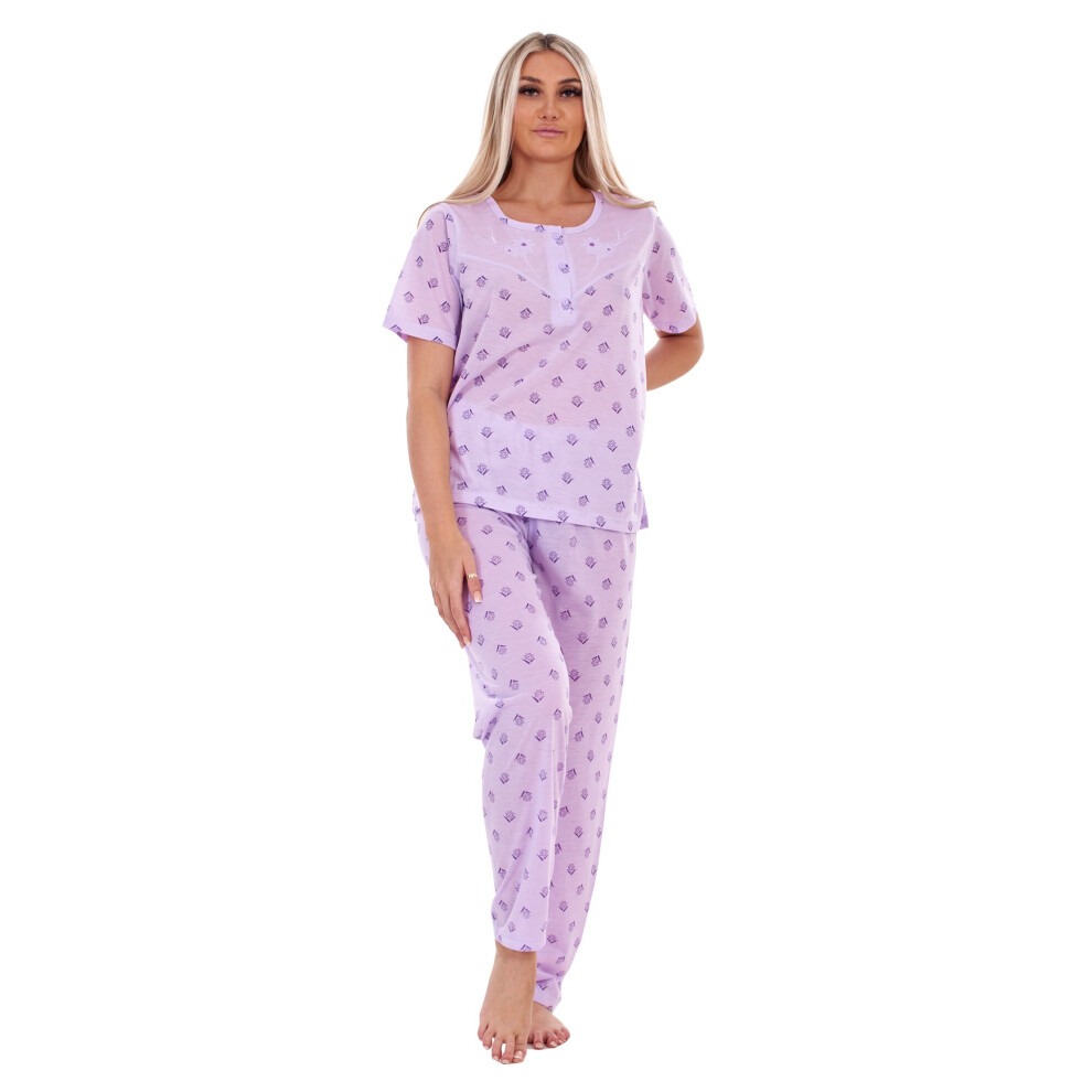 (Lavender, XXL) Ladies Pyjama Set Floral Printed Short Sleeve Buttons Plus Nightwear M to 6XL