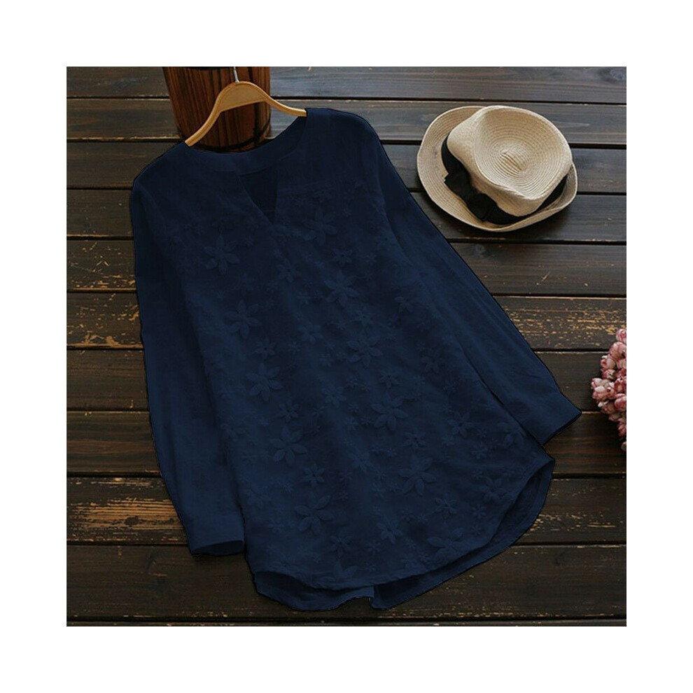 (Blue, L) Womens Blouse Lace Floral Loose Long Sleeve Casual T Shirt Tops Cotton Linen