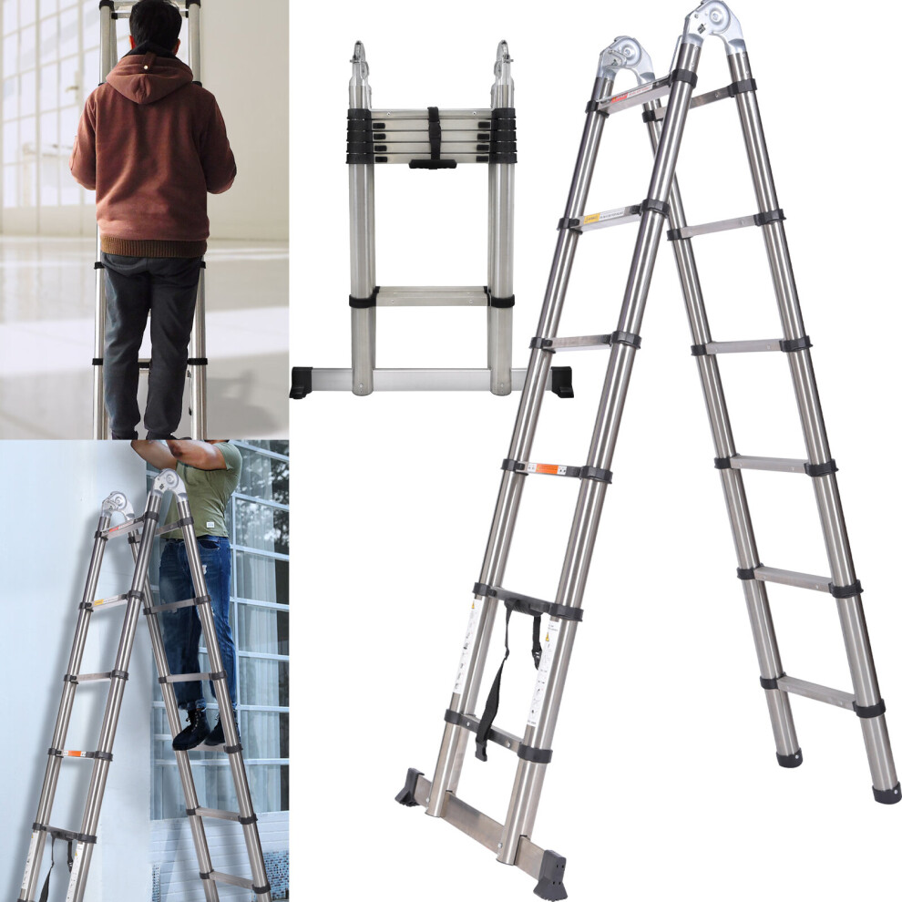 (1.9M+1.9M A Frame Ladder) Extendable Ladder Steel Telescoping Ladder Portable Step Ladders Multi Purpose Max Load 150KG Capacity