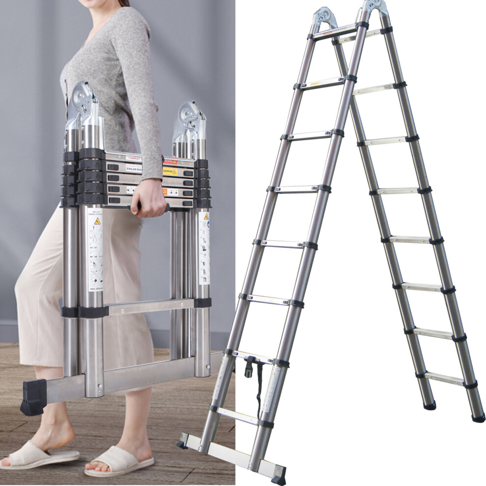 (2.5M+2.5M A Frame Ladder) Extendable Ladder Steel Telescoping Ladder Portable Step Ladders Multi Purpose Max Load 150KG Capacity