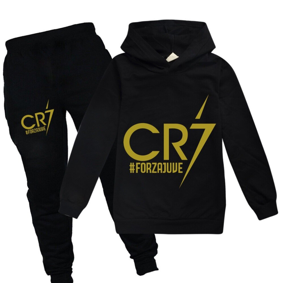 (130cm, black-black) Kid's Spring Autumn Football Idol CR7 Clothes Hoodie+Pants Suit Suitable For Sports And Leisure Xmas Birthday Gift Children