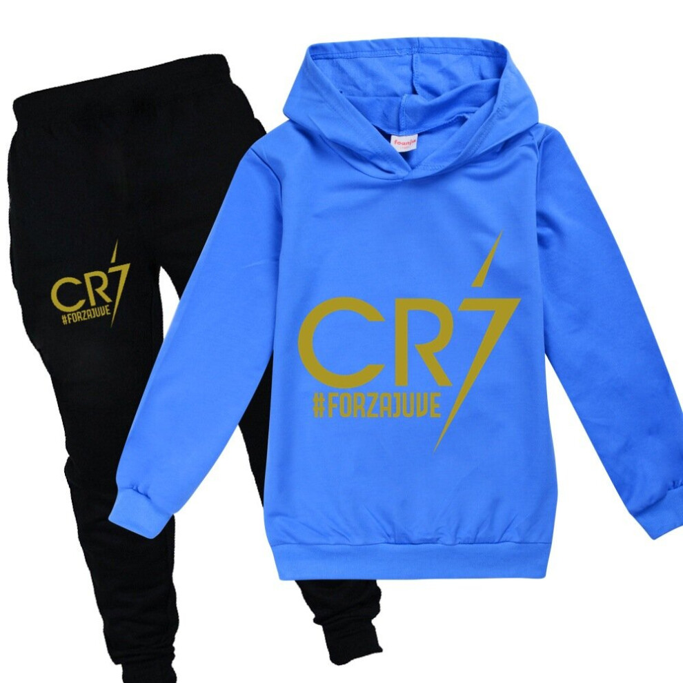 (150cm, black-blue) Kid's Spring Autumn Football Idol CR7 Clothes Hoodie+Pants Suit Suitable For Sports And Leisure Xmas Birthday Gift Children