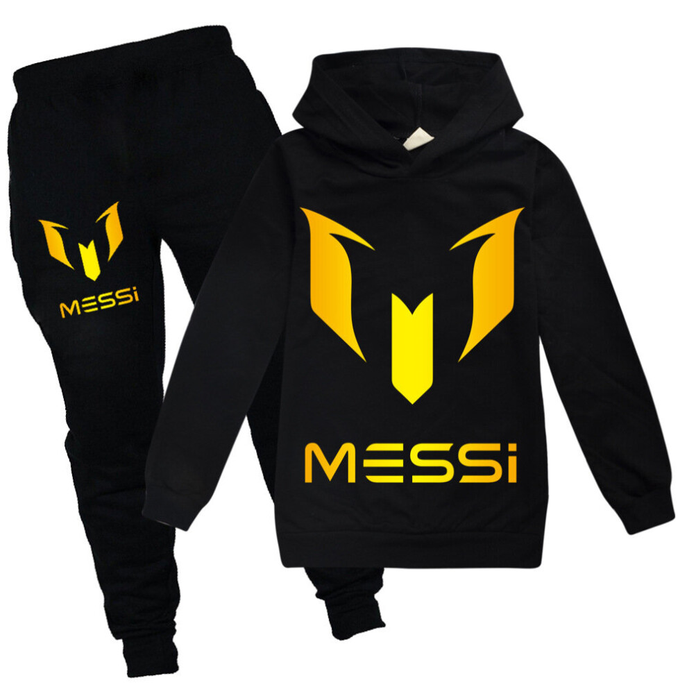 (130cm, Black-Black) Football Idol Messi Clothes Kids 2 Piece Hoodie Suit Boys Sports Clothing