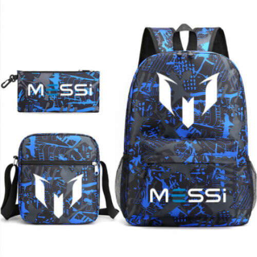 (Blue 1) 3pcs Sets Messi Backpack New Students Capacity School Bags