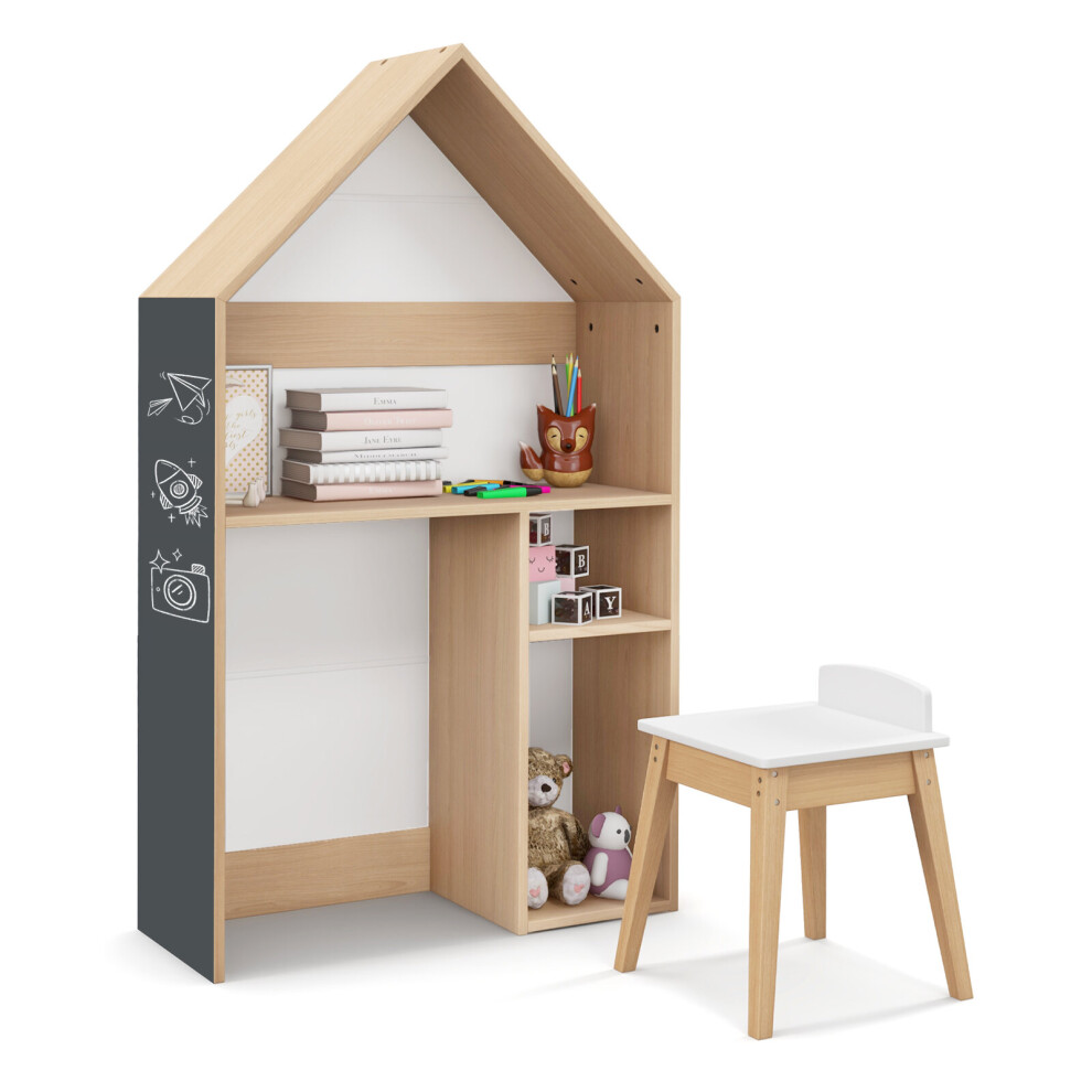 House-Shaped Table and Chair Set Kids Wooden with Cabinet & Blackboard