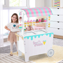 Kids Ice Cream Cart Play Set with Canopy, 12 Accessories, Frozen Compartment, Large Wheels & Push Handle