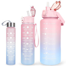 (Pink) 3 Pack Water Bottle 2L+750ml+200ml,Sport Water Bottle With Time Marking, Leak Proof Gym Drinking Bottle