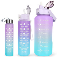 (Purple) 3 Pack Water Bottle 2L+750ml+200ml,Sport Water Bottle With Time Marking, Leak Proof Gym Drinking Bottle