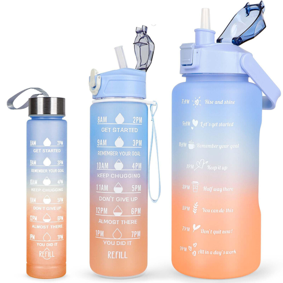 (Blue) 3 Pack Water Bottle 2L+750ml+200ml,Sport Water Bottle With Time Marking, Leak Proof Gym Drinking Bottle