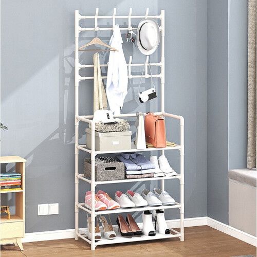Living And Home 4 Tier Shoe Rack with Coat Hanger White