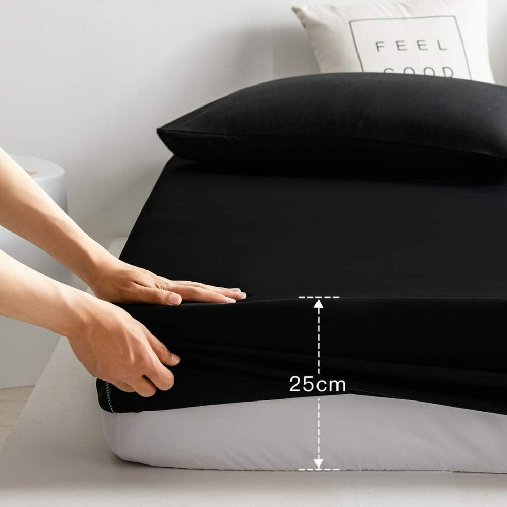 (Super King 182x200cm) Single Fitted Sheet Bed Sheets 25CM Extra Deep Pocket Soft and Breathable Fitted Bedding Sheets-Black