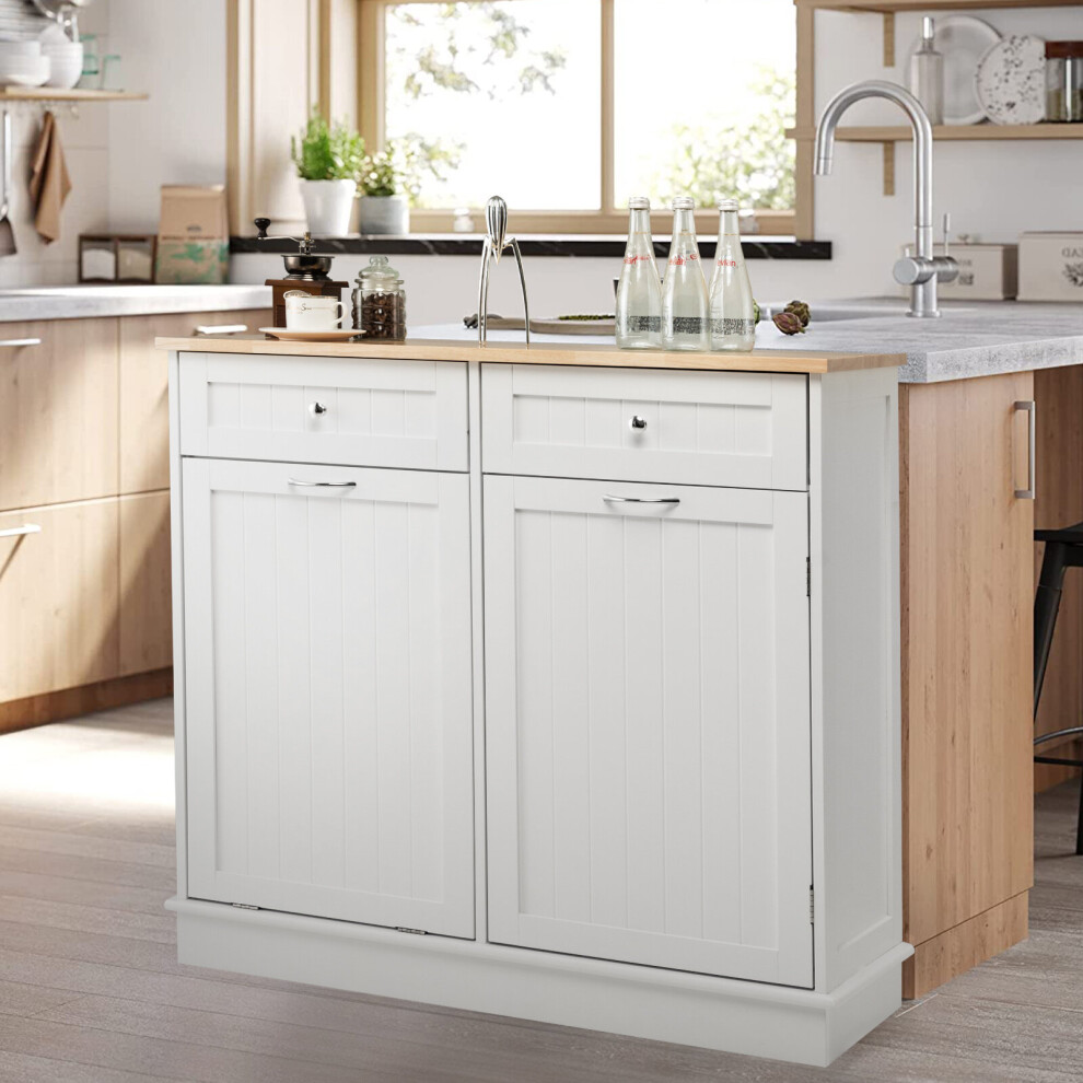 Tilt Out Kitchen Trash Cabinet w/Trash Can Holder 2 Drawers Solid Wood