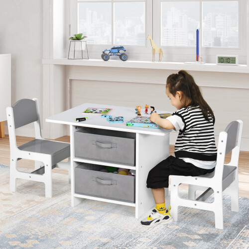 Casart Kids Play Table & 2 Chairs Set Children Activity Desk Sets w/ Baskets 2