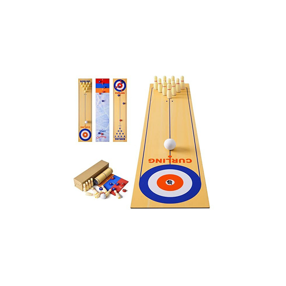 3 in 1Table Top Shuffleboard Curling Game Bowling Set, Portable Tabletop Set Includes 8 Rolling Mini Pucks,Mini Tabletop Game Foldable Family Game For