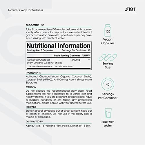 Activated Coconut Charcoal 1000mg Made from Organic Thai Coconut Shells for Bloating & Gas