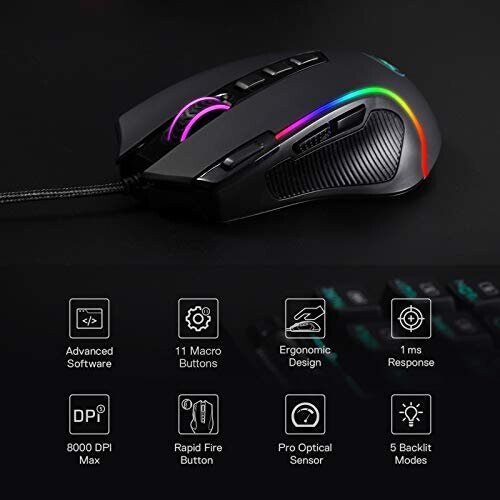 M612 Predator RGB Gaming Mouse, 8000 DPI Wired Optical Gamer Mouse with 11 Programmable Buttons & 5 Backlit Modes, Software Supports DIY Keybinds 2