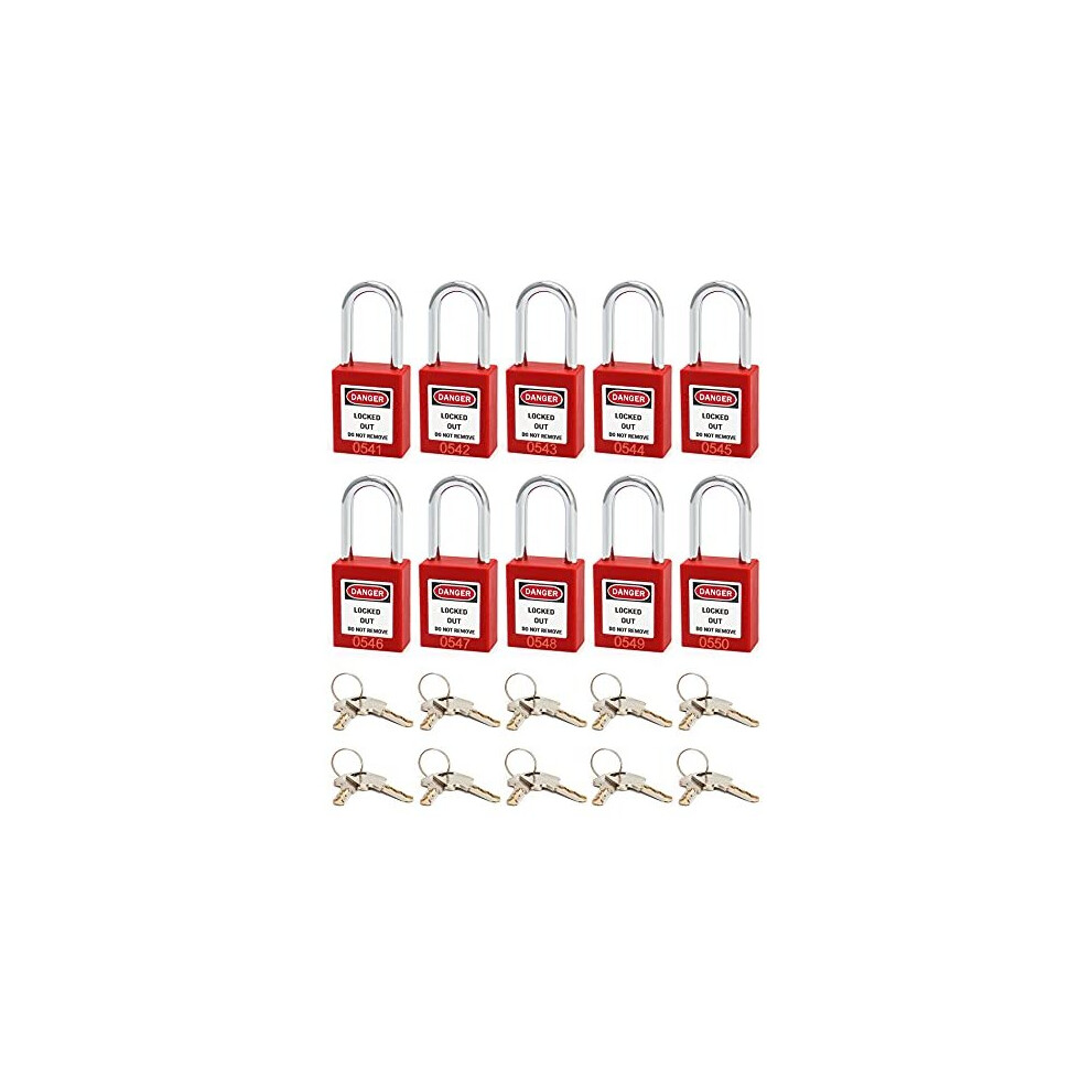 Qwork Safety Lockout Padlock, 10 Padlocks With 20 Keys, Steel Shackle, Red 781380134287