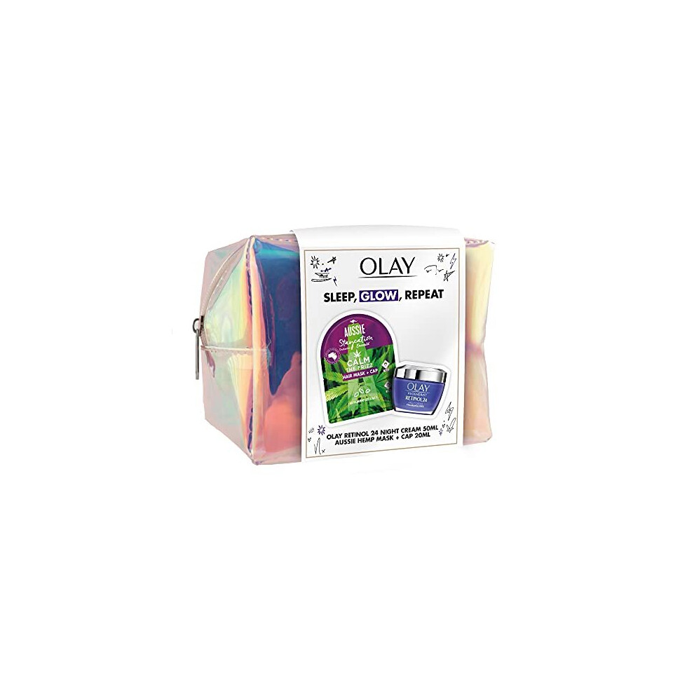 Sleep, Glow, Repeat. Olay + Aussie Giftset. Olay Retinol24 Night Moisturiser 50ml + Aussie Calm the Frizz Hair Mask with Cap 20ml