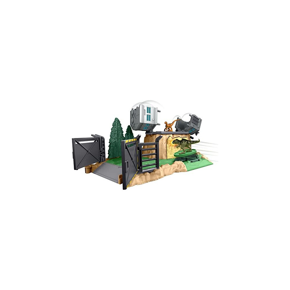 Jurassic World Dominion Minis: Giganotosaurus Rampage Playset With 2 Mini Dinosaurs, Break Apart Hilltop Building, Puck Launcher | Model Hff12