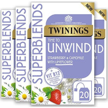 Superblends Unwind Tea - Strawberry Herbal Tea Infusion with Camomile, Lemon Balm, Limeflower & Vitamin B12, 80 Biodegradable Tea Bags