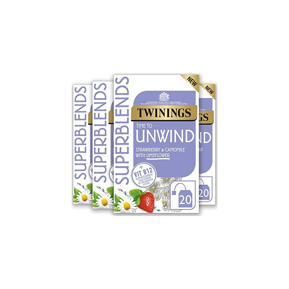 Superblends Unwind Tea - Strawberry Herbal Tea Infusion with Camomile, Lemon Balm, Limeflower & Vitamin B12, 80 Biodegradable Tea Bags