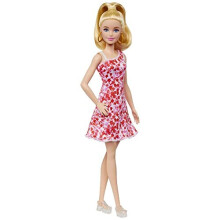 Barbie Fashionistas Doll # 205 avec queue de cheval blonde portant des sandales de plate-forme de robe a fleurs roses et rouges et des boucles d'
