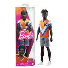 - Ken Fashionistas doll with twisted black hair and a trendy sporty jersey and shorts, HPF79