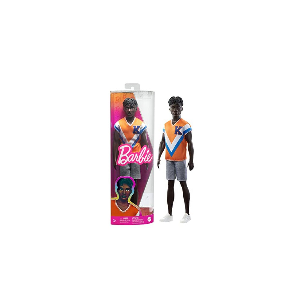 - Ken Fashionistas doll with twisted black hair and a trendy sporty jersey and shorts, HPF79