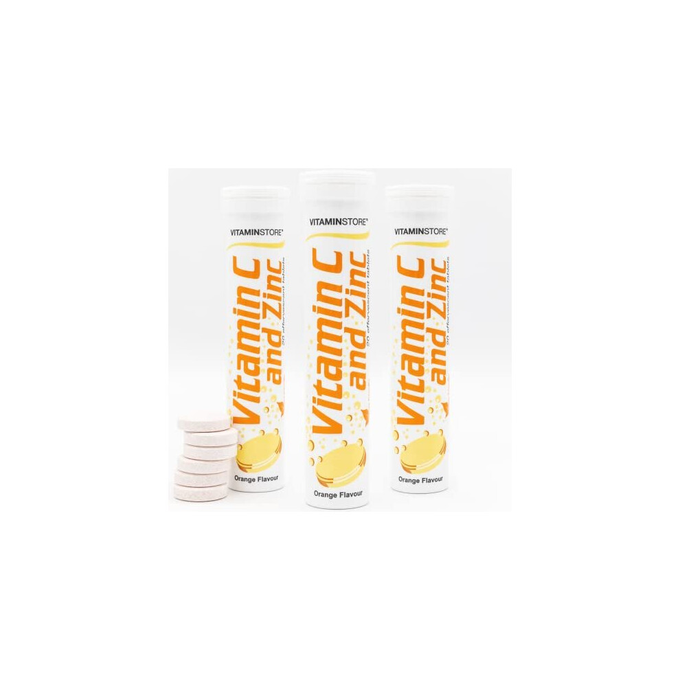 Vitamin Store Vitamin C And Zinc Effervescent Tablets - 3 Packs Of 20 Orange Flavoured Fizzy Dissolvable Tablets For A Healthy Immune System - Vegan - One-A-Day Vit