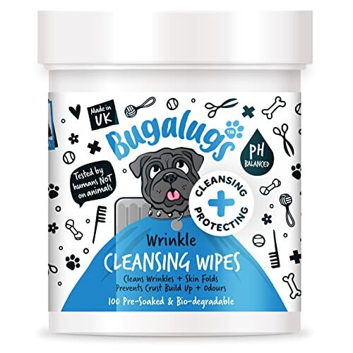 Wrinkle Dog Wipes for pawly skin - 100 Biodegradable dog grooming pet wipes. Use as Dog ear wipes, dog eye wipes, dog face wipes, Paw & Bum wipes for