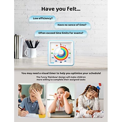 60 Minute Visual Timer for Kids, Silent Countdown Timer Clock Kids Timer for Teaching Cooking, Pomodoro Timer with Rainbow Design 2