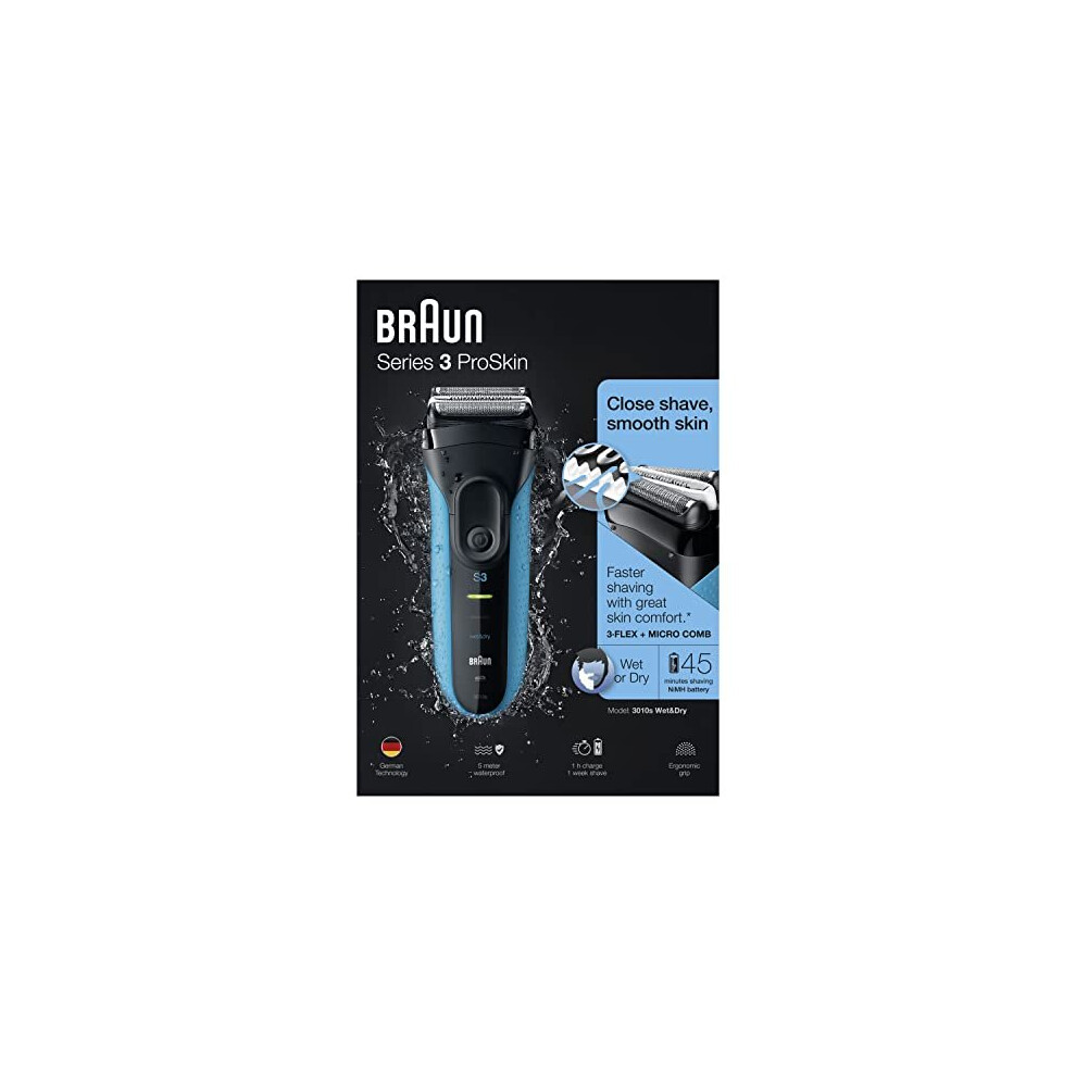 Series 3 ProSkin Electric Shaver, Electric Razor for Men With Precision Head, Cordless, Wet & Dry, 2 Pin Bathroom Plug, 3010s, Black/Blue Razor Rated-image-OPC-PC9XSBT-NEW