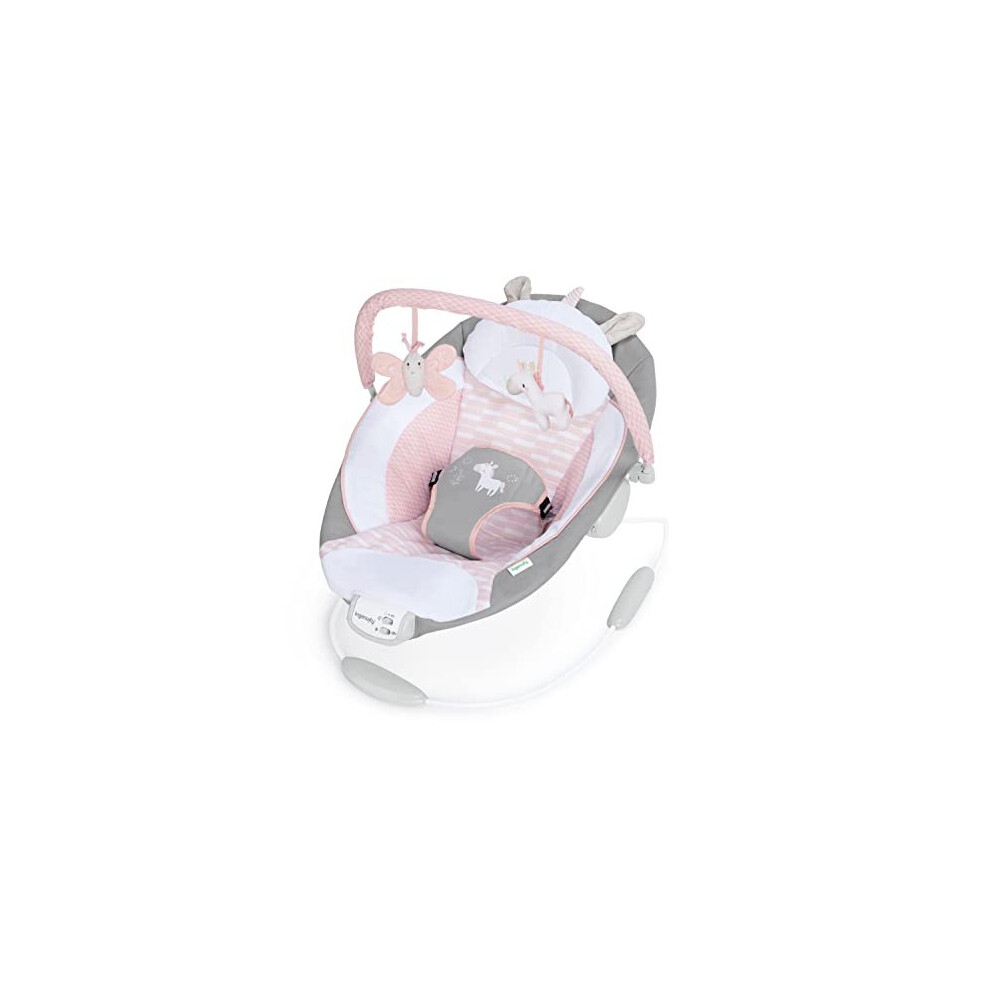 Ingenuity, Cradling Baby Bouncer Seat Flora the Unicorn, Ultra-Plush Padded Chair with Vibration and Melodies, Removable Toy Bar, Ages Newborn +, Grey