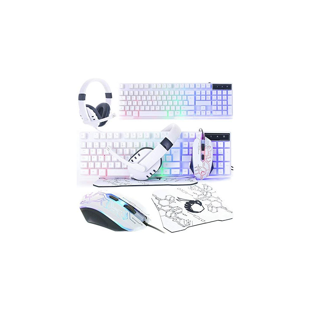 White Gaming Keyboard and Mouse and Gaming Headset & Mouse Pad, Wired LED RGB Backlight Bundle for PC Gamers Users - 4 in 1 White Edition Hornet