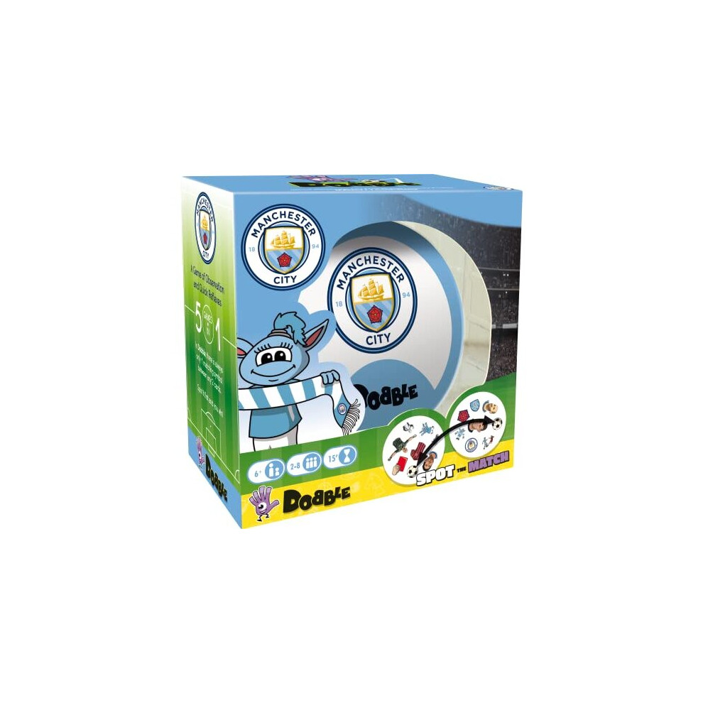 Asmodee | Dobble Manchester City | Card Game | Ages 6+ | 2-8 Players | 15 Minutes Playing Time