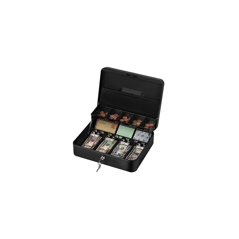 Metal Money Box Lockable Black Cash Box with Keys Portable Money Storage with 5 Removable Coin Slots and 4 Note Trays Safe Security Money Register Box