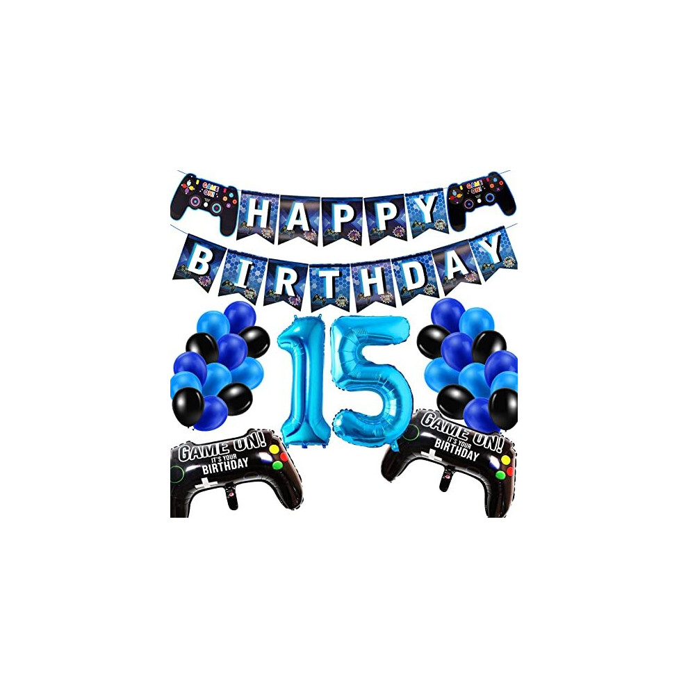 15th Birthday Decorations for Boys, Gaming Party Decorations Set for Gamers, Happy Birthday Banner Game Controller Balloons Black Blue Balloons for