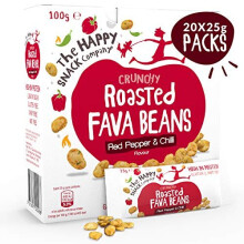 Roasted Fava Beans, Red Pepper and Chilli Flavour Healthy Snacks, High Protein, Gluten Free Tasty Snacks, Vegan, 105 Calories, 25g Portion, Pack of 20