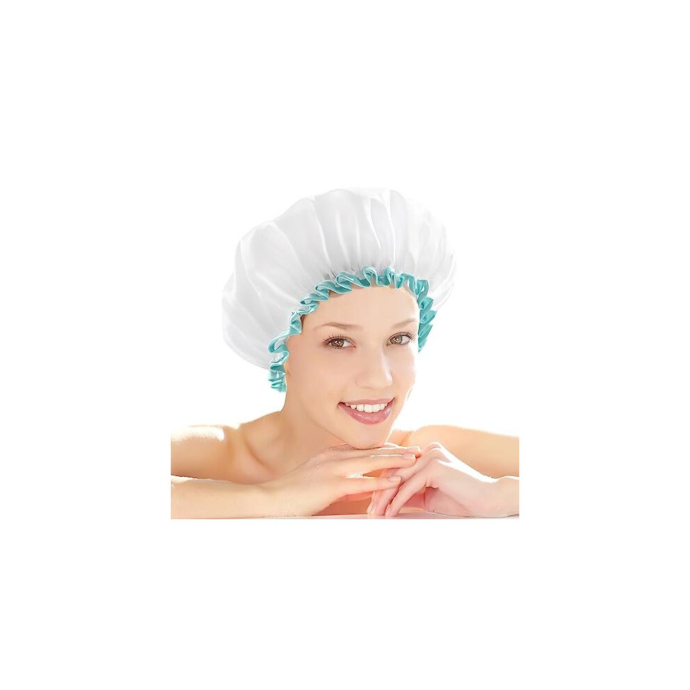 Mikimini White Shower Cap For Long Hair 1 Pack, Waterproof Mold Resistant Washable Hair Caps For Women And Girls, Super Cute Extra Large By