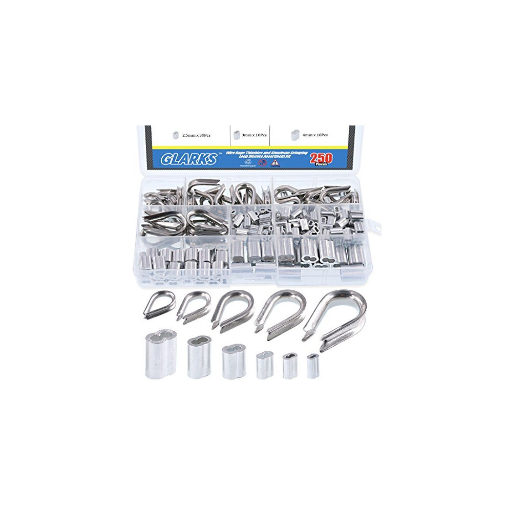250Pcs 304 Stainless Steel Wire Rope Cable Thimbles Combo And Aluminum Crimping Loop Sleeve Assortment Kit For Wire Rope Cable Thimbles Rigging 5011145434372
