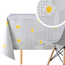 Grey Daisy Chamomile Flower Patchwork Quilt Pattern Vinyl Table Cloth Wipe Clean Rectangle 200x140cm | 78x55in Up To 6 Seats - Heavy Weight Wipeable