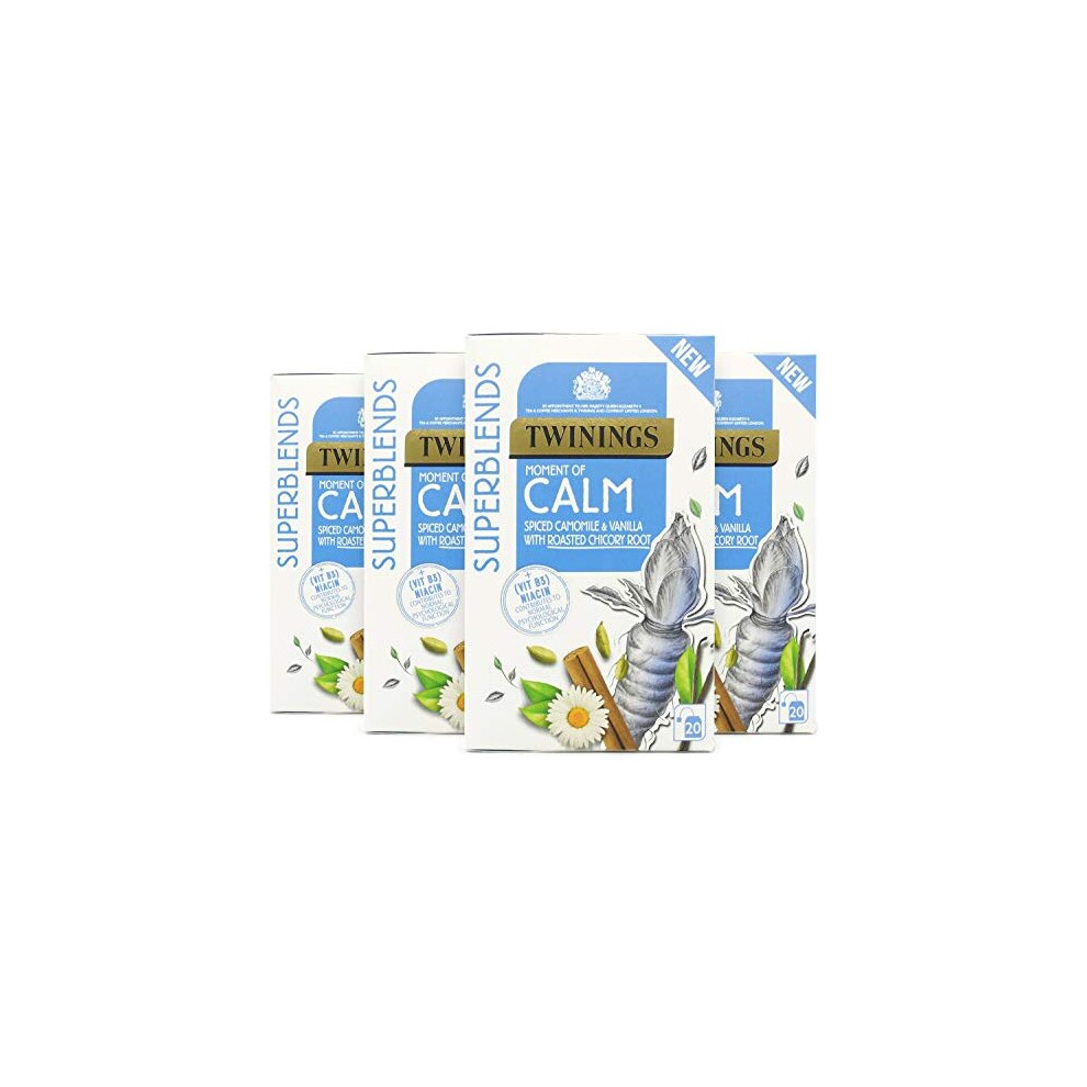 Superblends Calm Tea - Spiced Camomile, Vanilla & Roasted Chicory Root Herbal Tea Infusion with Vitamin B3 (Niacin), 80 Biodegradable Tea Bags