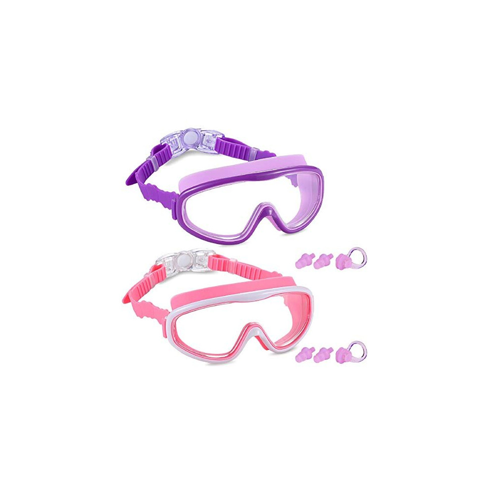 2 Pack Kids Swim Goggles, Swimming Glasses for Children and Early Teens from 3 to 15 Years Old, Wide Vision, Anti-Fog, Waterproof, UV Protection