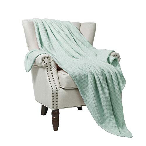 Flannel Throw Blanket, 127x178 CM Soft Sofa Throws, Waffle Fleece Throws for Sofa, Mint Green Blanket