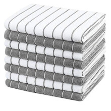 Microfibre Tea Towels - Pack of 8 (Stripe Designed Grey and White Colours) - Soft, Super Absorbent and Lint Free Kitchen Towels, 45 x 65 cm