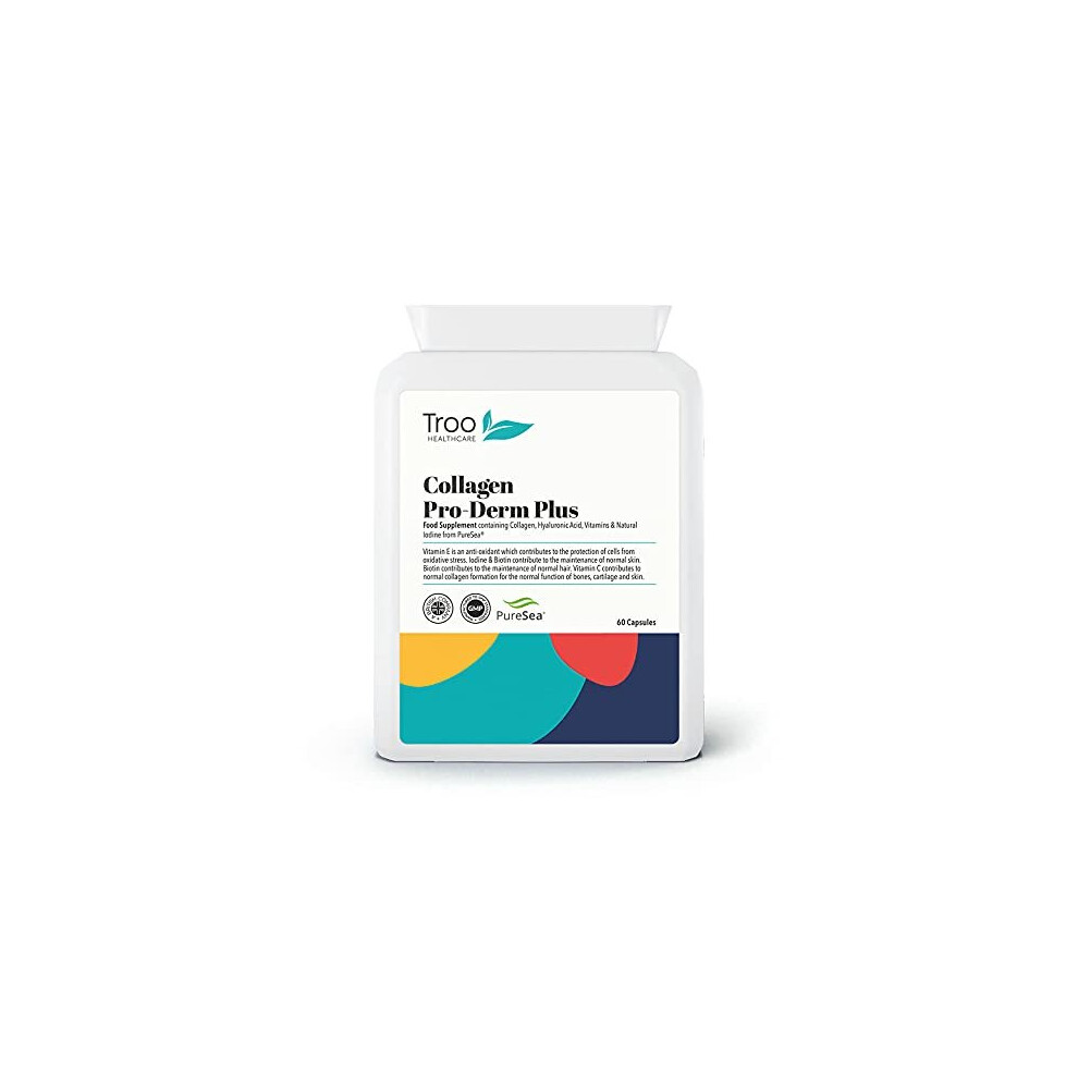 Troo Health Care Collagen Pro-Derm Plus 60 Capsules - Potent Hydrolysed Marine Collagen Peptide Complex With Hyaluronic Acid, Vitamin C And Natural Iodine From Seaweed