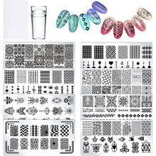 Nail Art Stamping Kit - 8 Stamping Plates with Stamper and Scraper - Flowers, Lace, Geometric Patterns Nail Template for Salon Designs