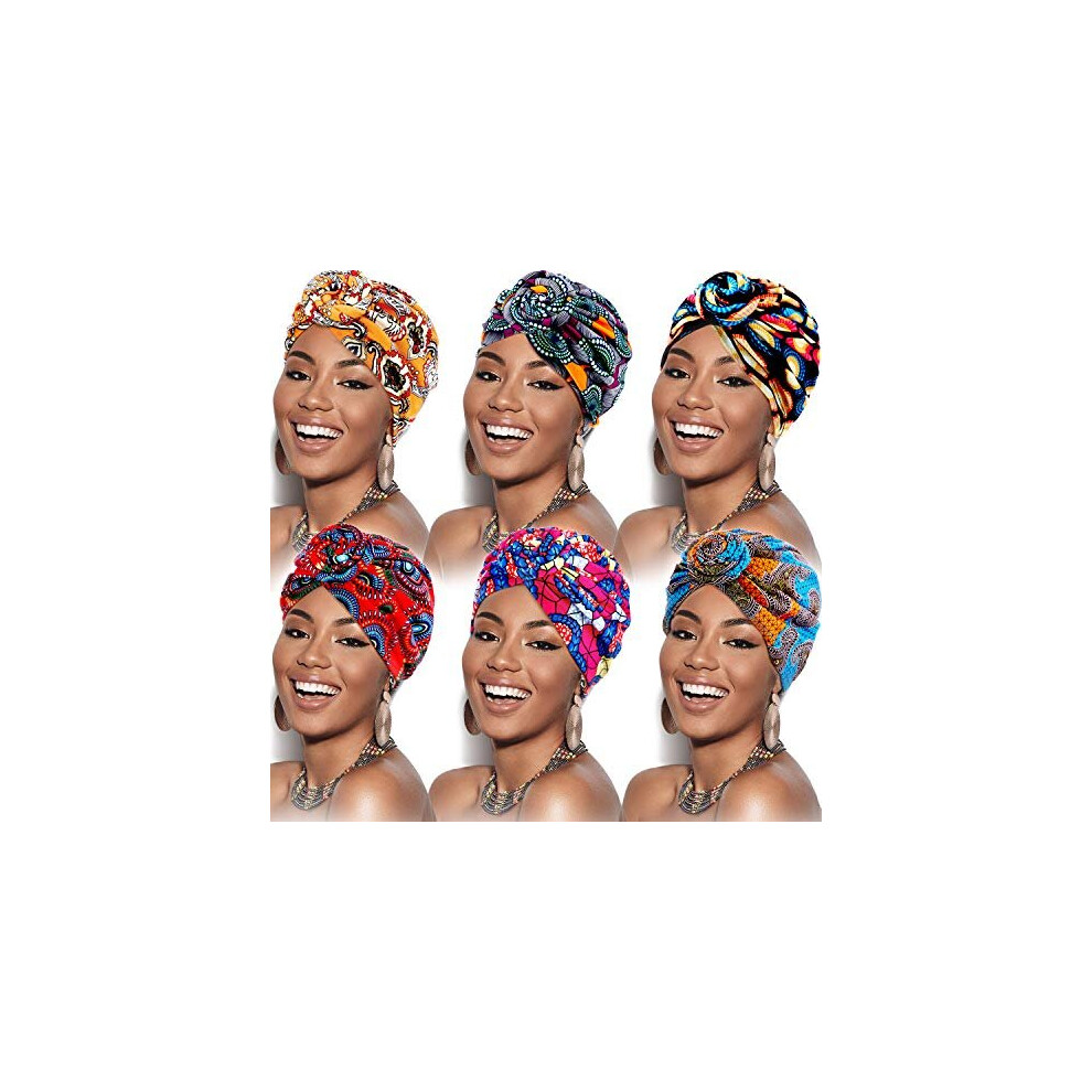 6 Pieces Women African Turban Flower Knot Pre-Tied Bonnet Beanie Cap Headwrap (Flower Color)