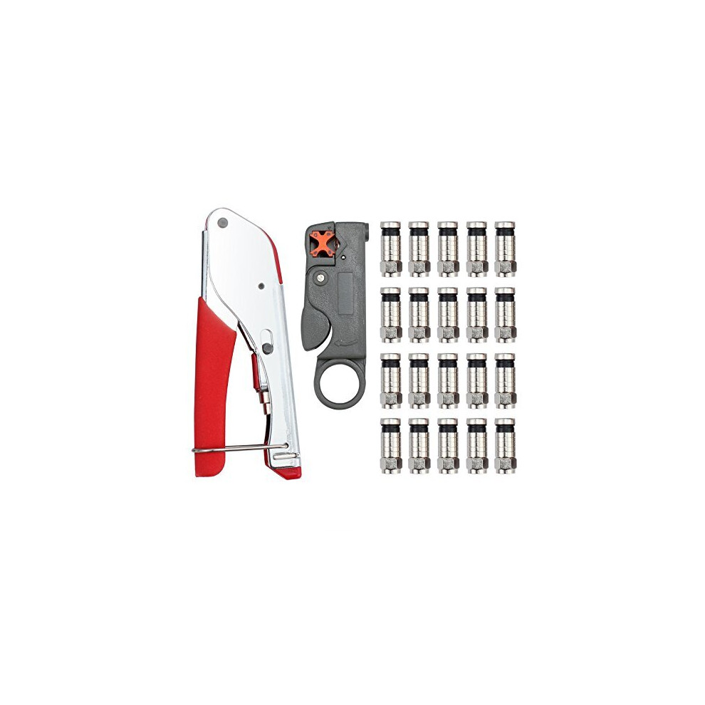 Coax Cable Crimper Coaxial Cable Compression Tool Kit With Compression Crimping Tool, Double Blade Rotary Cable Stripper And 20 F Type Connector For 5011145441028
